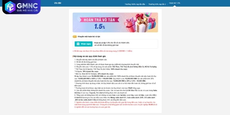 Bonus hoàn trả cược KU88 1.5% tính theo doanh thu