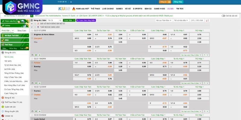 Cá cược thể thao KU88 kèo bóng đá Premier League uy tín