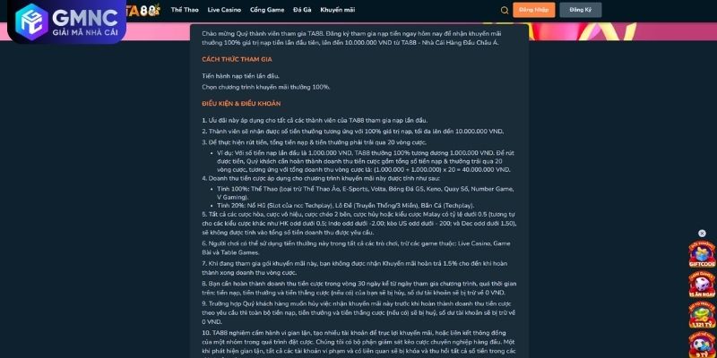 Điều kiện nhận ưu đãi TA88 và quy định vòng cược thực tế