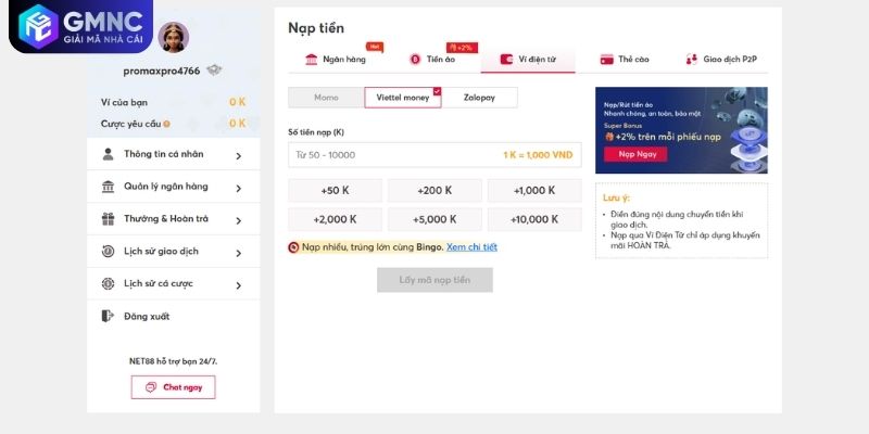 Hệ sinh thái GMNC kiểm định nạp rút nhiều khung giờ