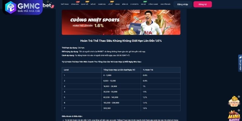 Hoàn trả thể thao ưu đãi RIKBET tự động hàng ngày