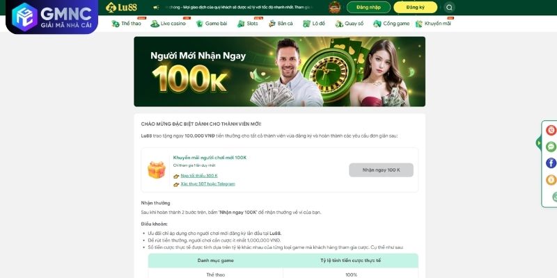Thưởng tân thủ miễn phí trong chương trình ưu đãi LU88