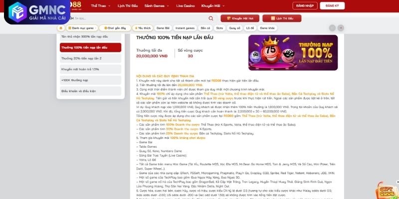 Ưu đãi RED88 thưởng nạp lần đầu tăng vốn cược