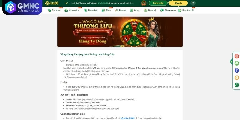 Vòng quay may mắn thuộc nhóm ưu đãi LU88 hấp dẫn